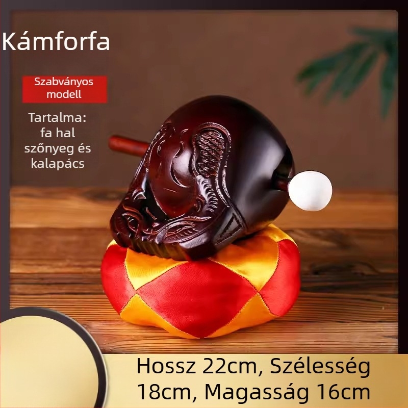 Kamforfa fából készült Muyu – készlet vallási rituálékhoz, párnával és kalapáccsal; méretek 3.5–8 hüvelyk