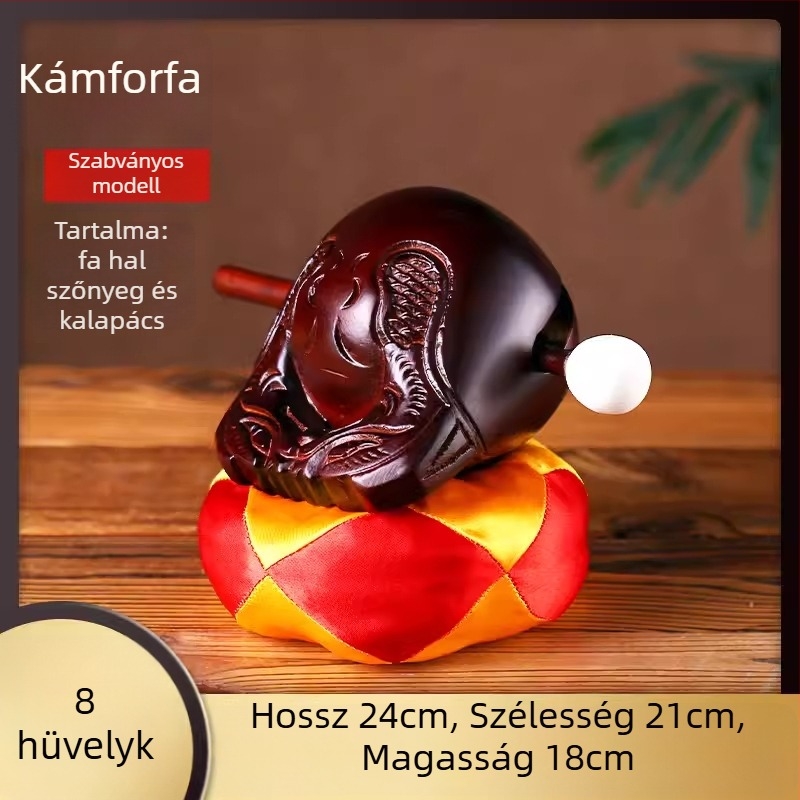 Kamforfa fából készült Muyu – készlet vallási rituálékhoz, párnával és kalapáccsal; méretek 3.5–8 hüvelyk