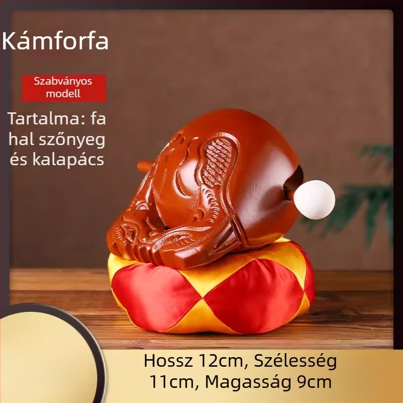 Kamforfa fából készült Muyu – készlet vallási rituálékhoz, párnával és kalapáccsal; méretek 3.5–8 hüvelyk