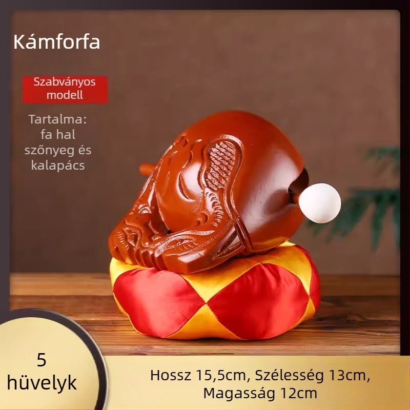 Kamforfa fából készült Muyu – készlet vallási rituálékhoz, párnával és kalapáccsal; méretek 3.5–8 hüvelyk