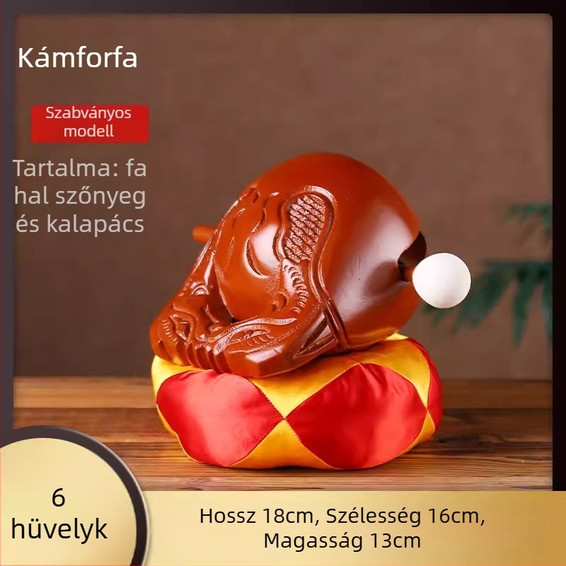 Kamforfa fából készült Muyu – készlet vallási rituálékhoz, párnával és kalapáccsal; méretek 3.5–8 hüvelyk