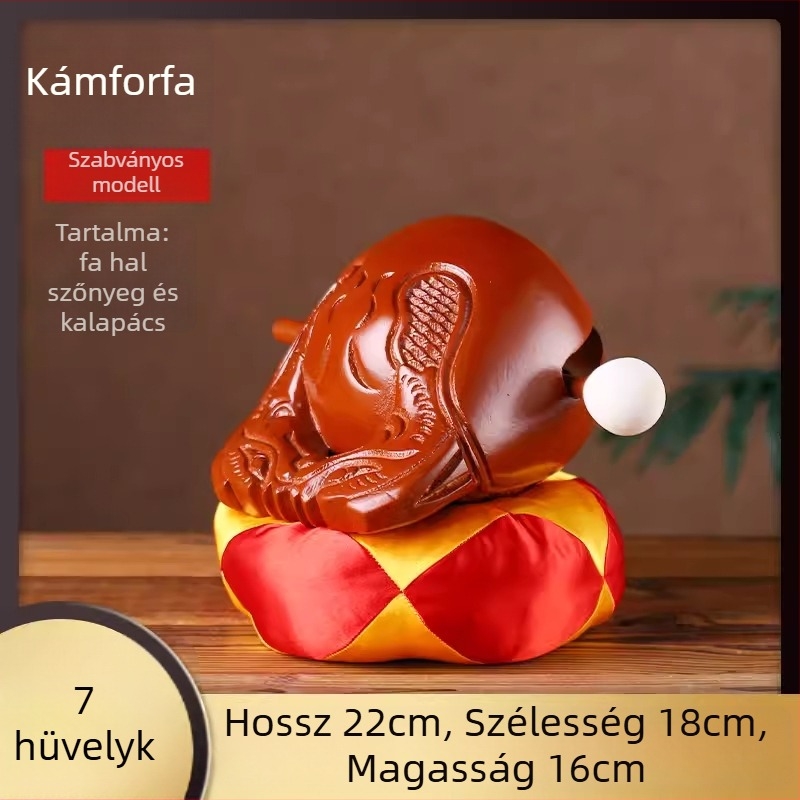 Kamforfa fából készült Muyu – készlet vallási rituálékhoz, párnával és kalapáccsal; méretek 3.5–8 hüvelyk