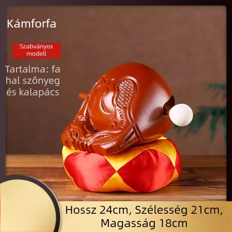 Kamforfa fából készült Muyu – készlet vallási rituálékhoz, párnával és kalapáccsal; méretek 3.5–8 hüvelyk