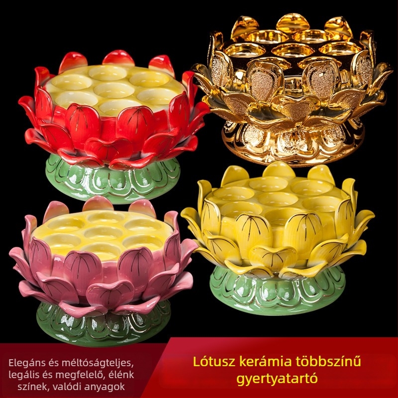Kerámia dharma olajtartó lámpatartó hétcsillagos lótusszal, aranyozott felület – buddhista templom dekoráció