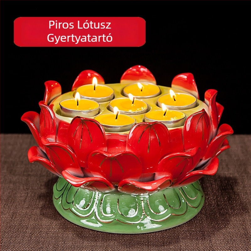 Kerámia dharma olajtartó lámpatartó hétcsillagos lótusszal, aranyozott felület – buddhista templom dekoráció