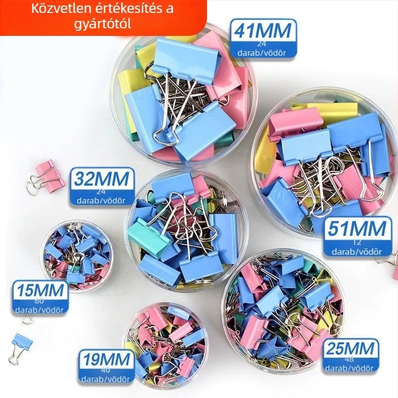 Színes iratcsipeszek rozsdamentes acélból, 15 mm, 60 darabos készlet, irodai kellékek, vastagított kivitel