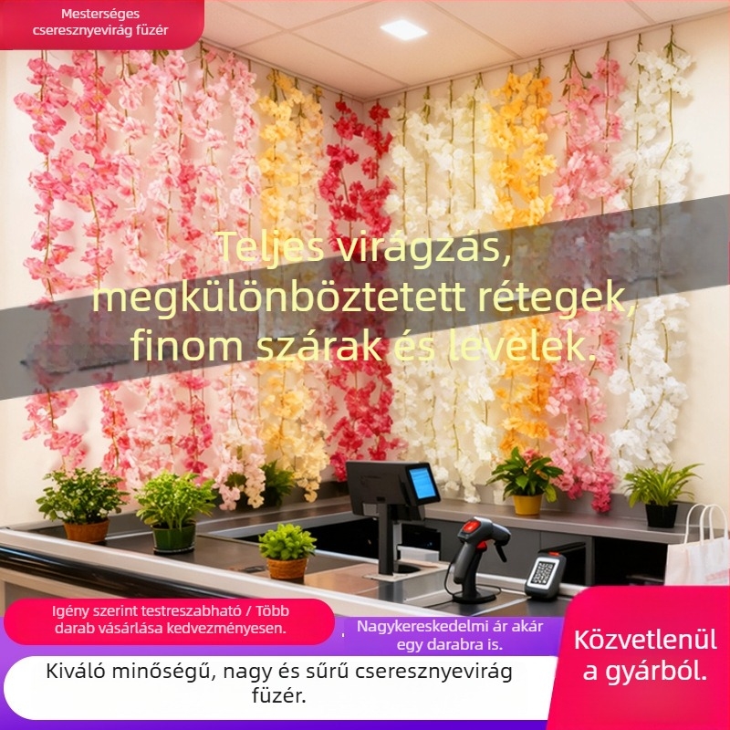 Mesterséges cseresznyefa virágok rotangból – esküvői hátfal, virágfal és mennyezeti korlát