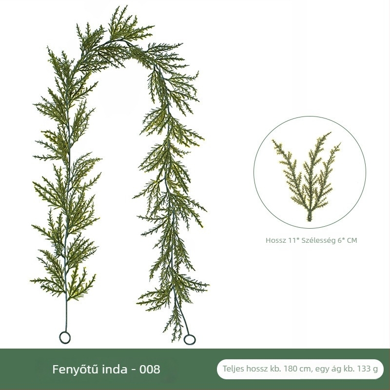 Mesterséges karácsonyi ratán falidísz, zöld selyem lombbal, fenyőágakkal és ciprussal, 100–200 cm
