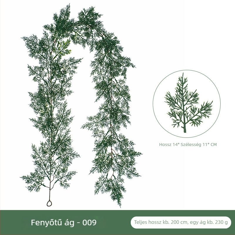Mesterséges karácsonyi ratán falidísz, zöld selyem lombbal, fenyőágakkal és ciprussal, 100–200 cm