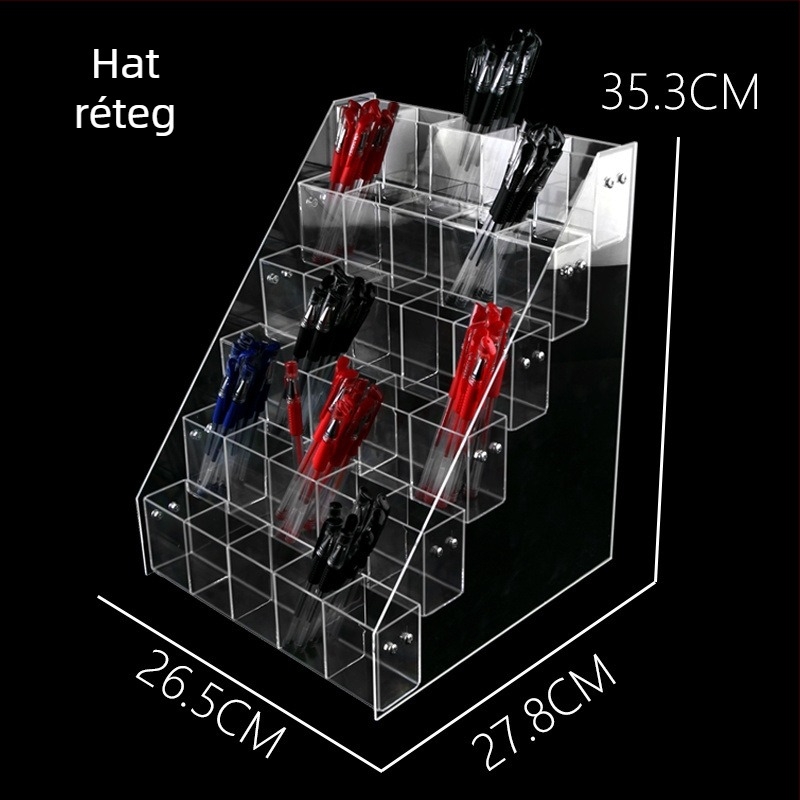 Átlátszó akril asztali kiállító állvány írószerekhez, több szintes trapezoidális formájú tároló