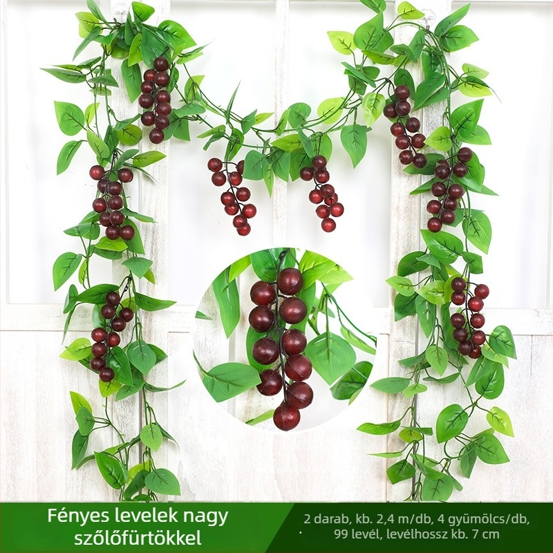 Mesterséges gyümölcsindák szőlőlevéllel és selyem virágokkal, sík indához, étterem mennyezetének díszítéséhez és klímacsövekhez, zöld növények