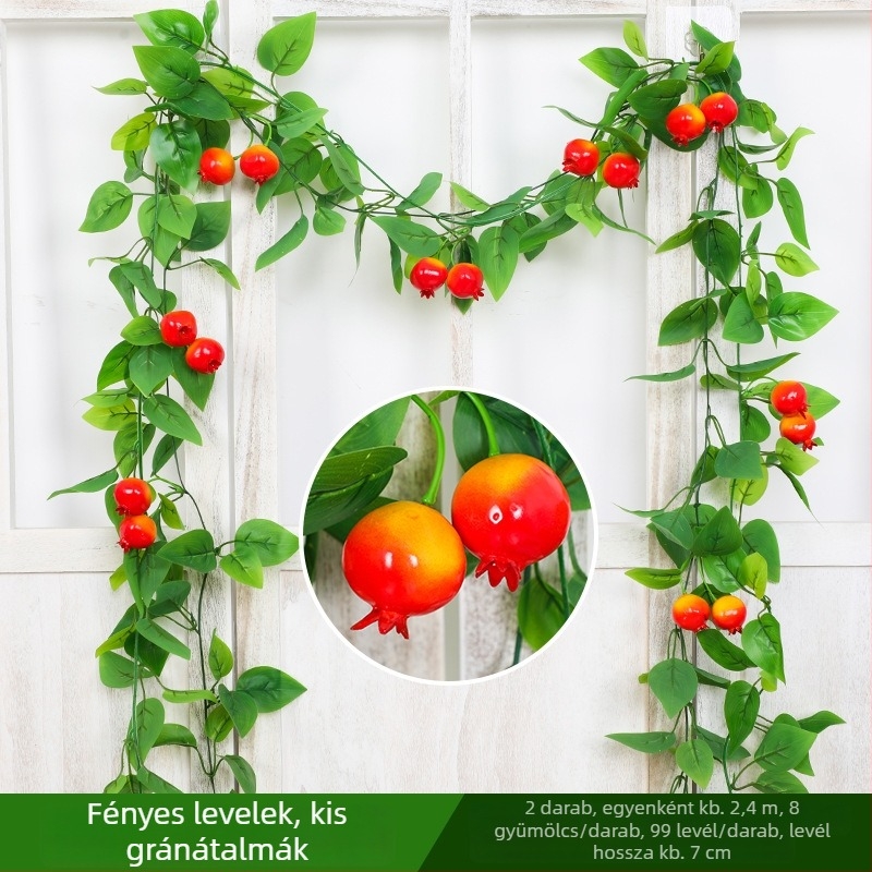 Mesterséges gyümölcsindák szőlőlevéllel és selyem virágokkal, sík indához, étterem mennyezetének díszítéséhez és klímacsövekhez, zöld növények