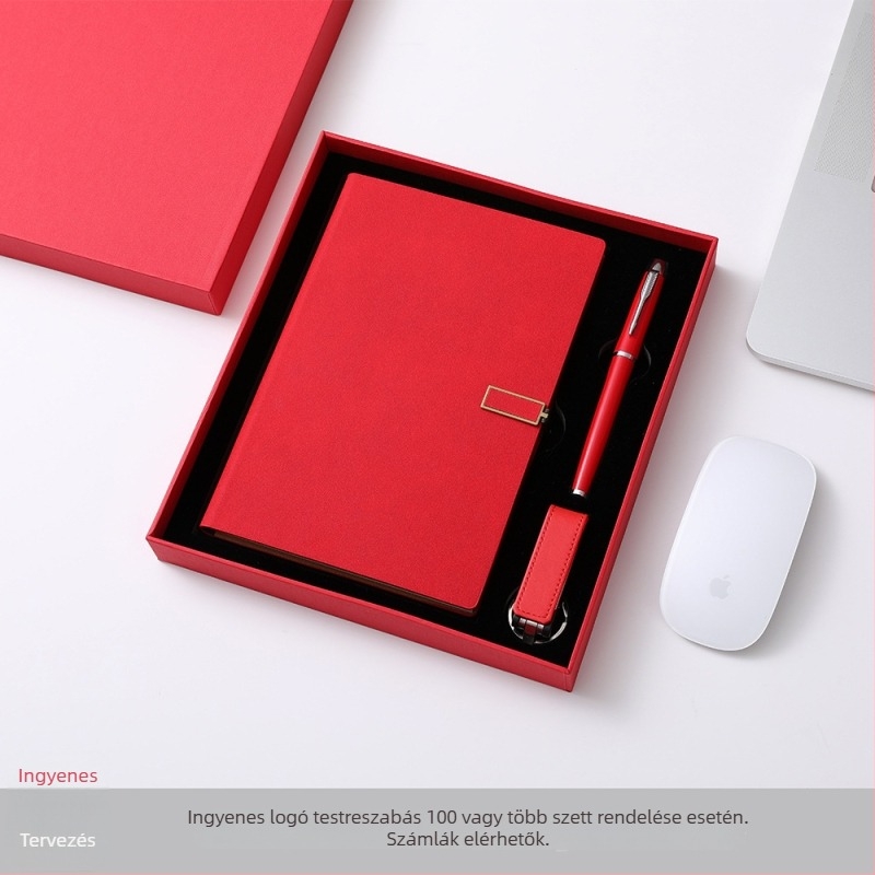 Nagyértékű irodai notesz négyszögletes csattal, USB-memóriával és logóval ellátott ajándékdobozos készlet