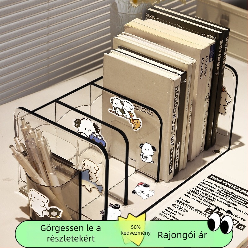 Átlátszó asztali könyvállvány, könyv rendező és fogó