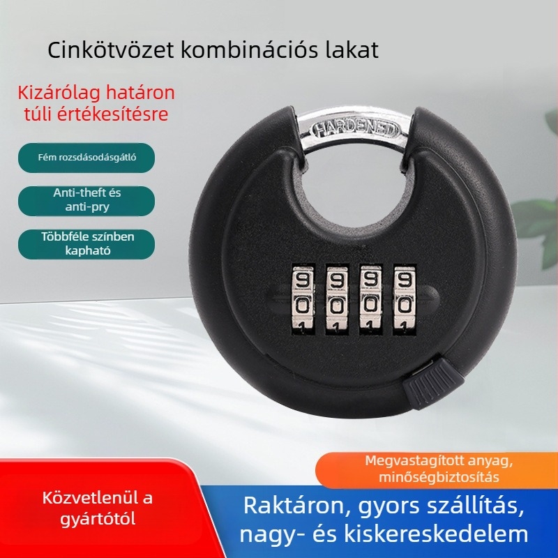 Rozsdamentes acélból készült kör alakú zár, 4-digitos kóddal, mechanikus, kültéri, vízálló, lopás elleni