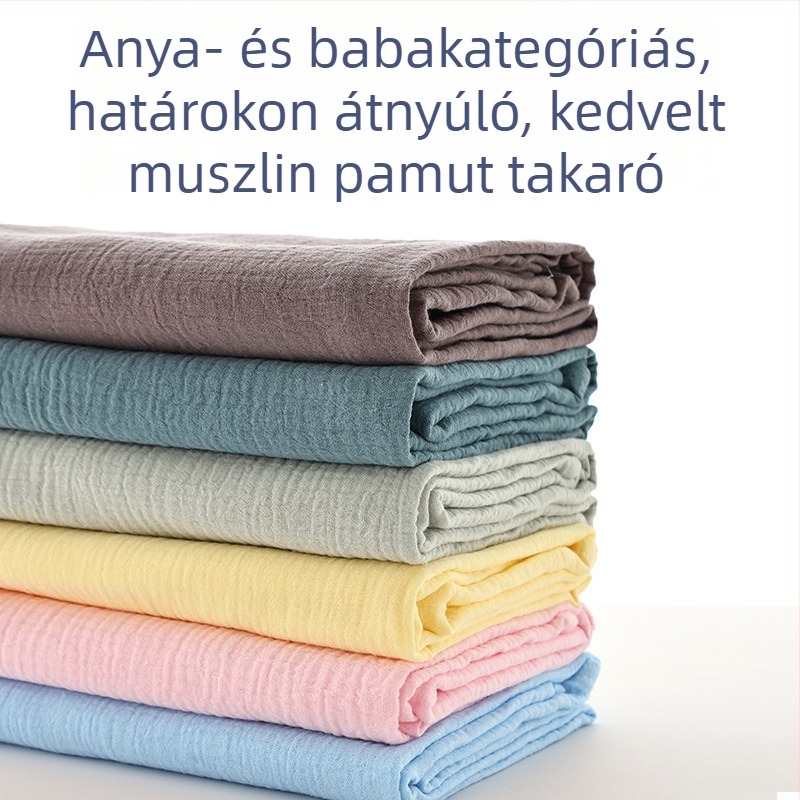Pamut crepe összefogó takaró, dupla réteg, újszülötteknek, egyszínű, tavasz–ősz
