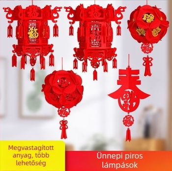 Nagy piros lámpás nemszövött anyagból, DIY palota lámpás medállal, szimbólum szerencsével és hímzett gömbbel, újévi dekoráció
