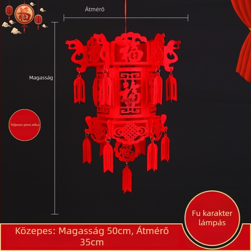 Nagy piros lámpás nemszövött anyagból, DIY palota lámpás medállal, szimbólum szerencsével és hímzett gömbbel, újévi dekoráció