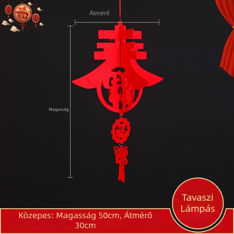 Nagy piros lámpás nemszövött anyagból, DIY palota lámpás medállal, szimbólum szerencsével és hímzett gömbbel, újévi dekoráció