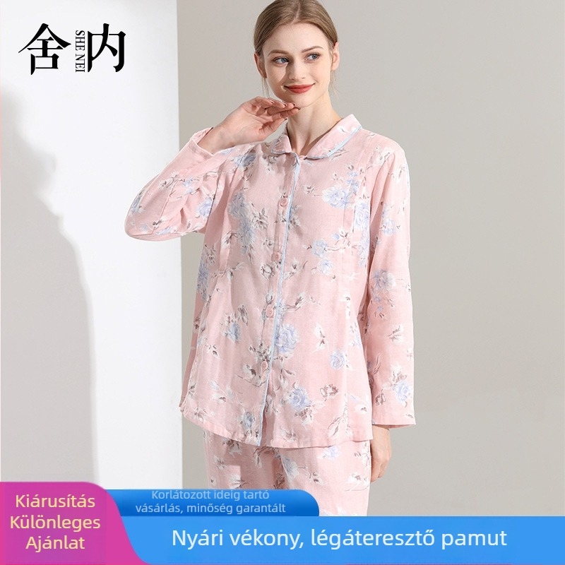Nyári pamut kismama- és szoptatós pizsama, légáteresztő, hosszú ujjú