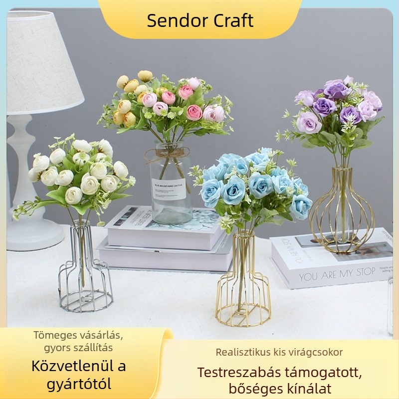 Kis selyemvirágokból készült csokor otthoni dekorációhoz és esküvői fotórekvizitumokhoz