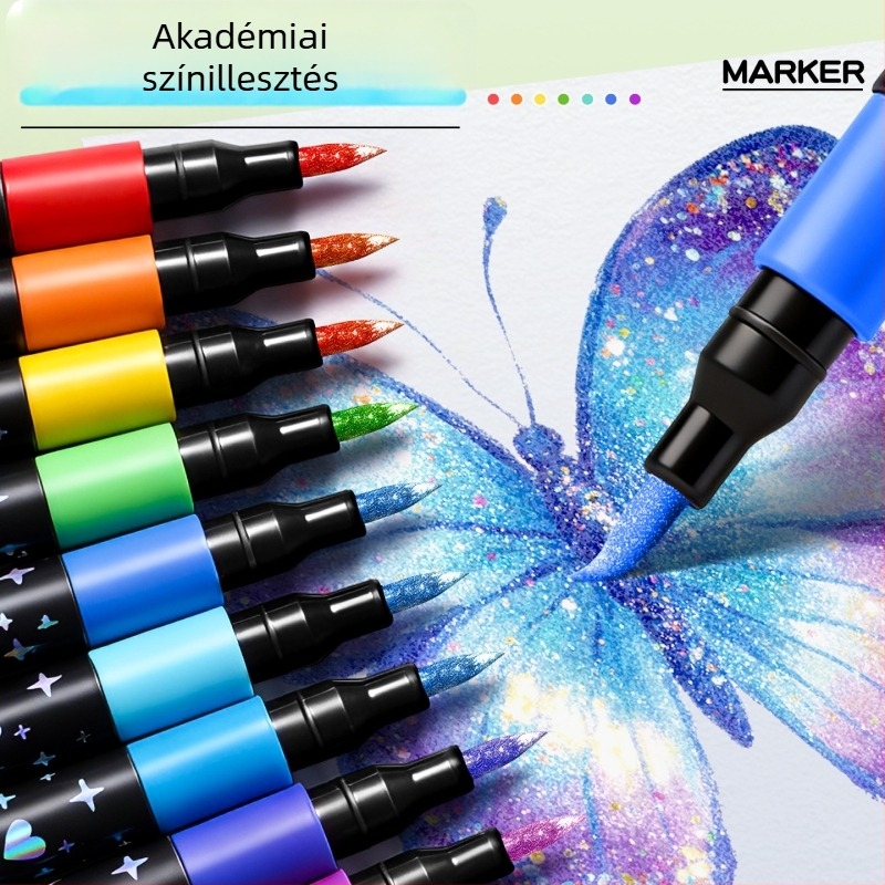 Csillogó akril marker puha heggyel gyerekeknek — óvoda és általános iskola használatra, fluoreszkáló színes glitteres vízfesték marker
