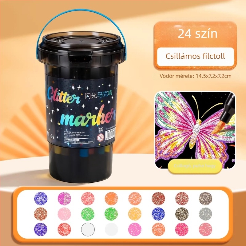Csillogó akril marker puha heggyel gyerekeknek — óvoda és általános iskola használatra, fluoreszkáló színes glitteres vízfesték marker