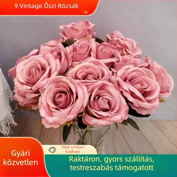 9-fejű vintage őszi árnyalatú selyem rózsa virágcsokor esküvői dekorációhoz, útjelző és virágfal hátterével
