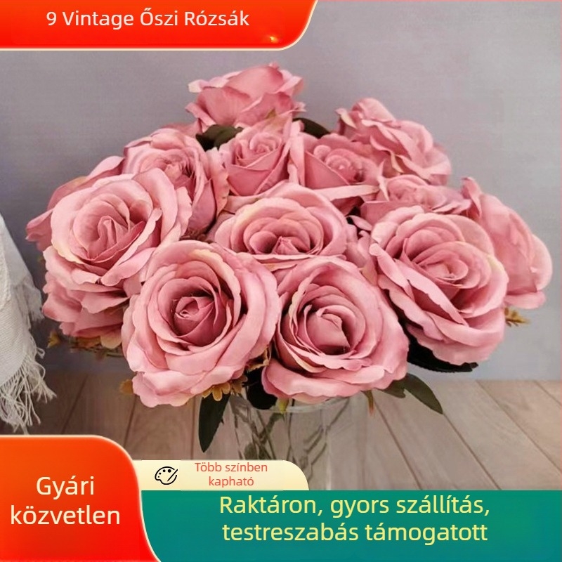 9-fejű vintage őszi árnyalatú selyem rózsa virágcsokor esküvői dekorációhoz, útjelző és virágfal hátterével