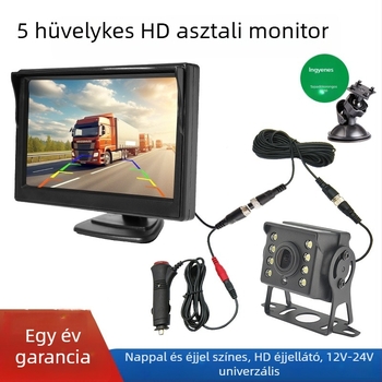 HD hátrameneti kamera teherautók és kisbuszok számára, 12V/24V-es univerzális autómonitor, 5 colos asztali kijelző