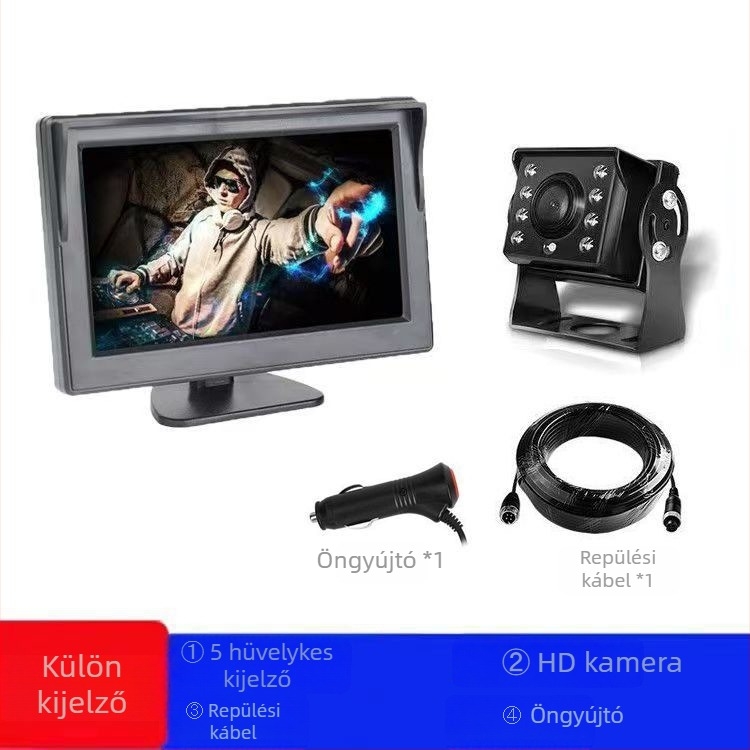HD hátrameneti kamera teherautók és kisbuszok számára, 12V/24V-es univerzális autómonitor, 5 colos asztali kijelző