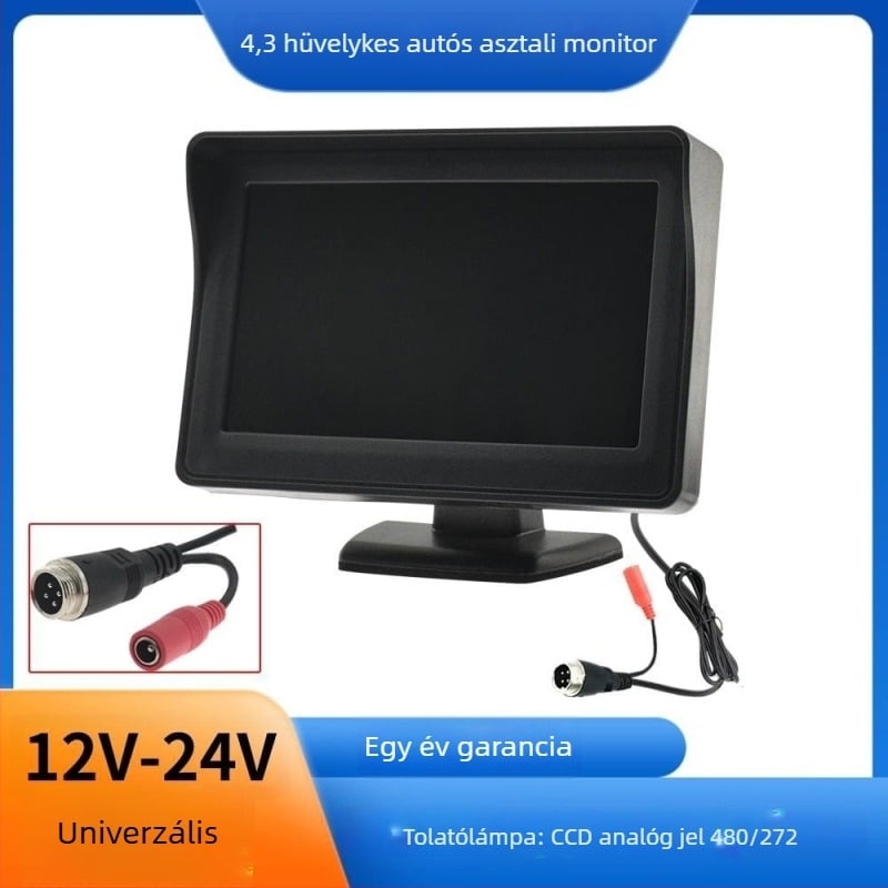 HD hátrameneti kamera teherautók és kisbuszok számára, 12V/24V-es univerzális autómonitor, 5 colos asztali kijelző