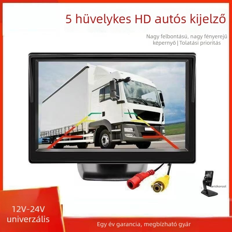 HD hátrameneti kamera teherautók és kisbuszok számára, 12V/24V-es univerzális autómonitor, 5 colos asztali kijelző