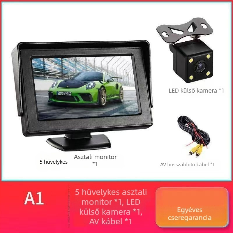 HD hátrameneti kamera teherautók és kisbuszok számára, 12V/24V-es univerzális autómonitor, 5 colos asztali kijelző