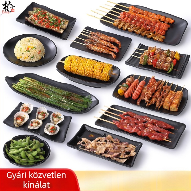 Buya Fekete melamínból készült, porcelán-immitáció, négyszögletes sekély tál, 20–21 cm, japán stílusú, hot pothoz és barbecue-hoz