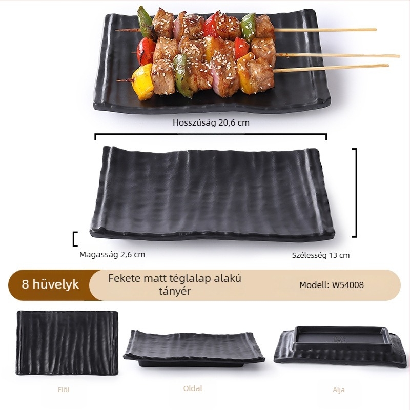 Buya Fekete melamínból készült, porcelán-immitáció, négyszögletes sekély tál, 20–21 cm, japán stílusú, hot pothoz és barbecue-hoz
