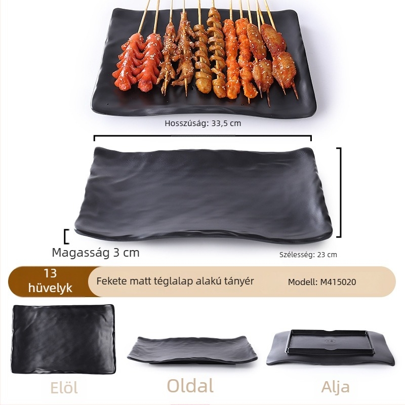 Buya Fekete melamínból készült, porcelán-immitáció, négyszögletes sekély tál, 20–21 cm, japán stílusú, hot pothoz és barbecue-hoz