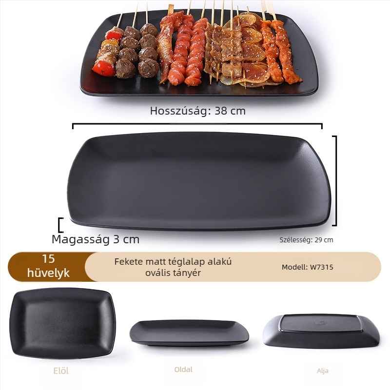 Buya Fekete melamínból készült, porcelán-immitáció, négyszögletes sekély tál, 20–21 cm, japán stílusú, hot pothoz és barbecue-hoz
