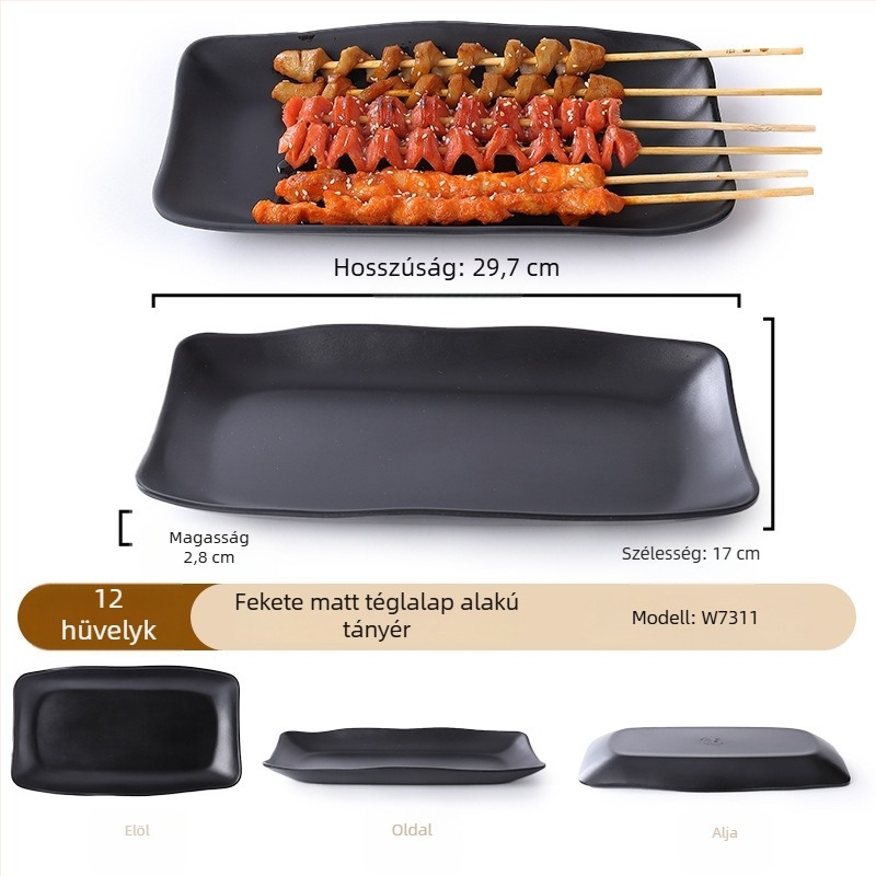 Buya Fekete melamínból készült, porcelán-immitáció, négyszögletes sekély tál, 20–21 cm, japán stílusú, hot pothoz és barbecue-hoz