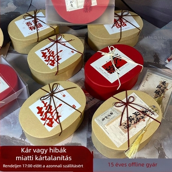 Üres ovális díszdoboz masnival, piros kraft papírból, születésnapi ajándékdoboz koszorúslánynak, karácsonyra és új évre