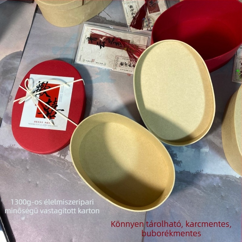 Üres ovális díszdoboz masnival, piros kraft papírból, születésnapi ajándékdoboz koszorúslánynak, karácsonyra és új évre