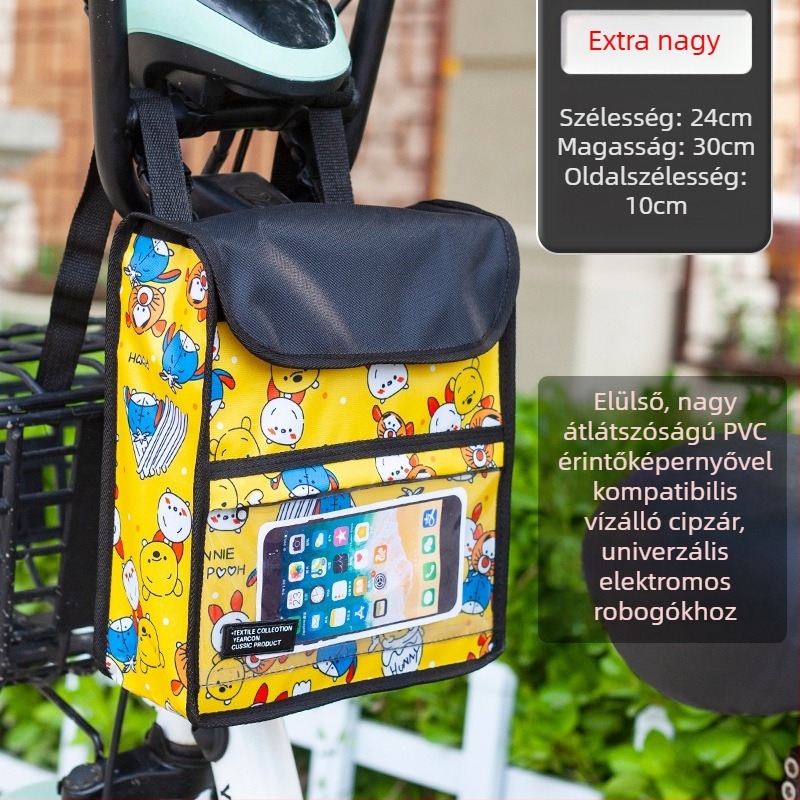 Elülső kerékpár tároló táska vízálló érintőképernyős zsebbel, nagy kapacitás, állítható rögzítés