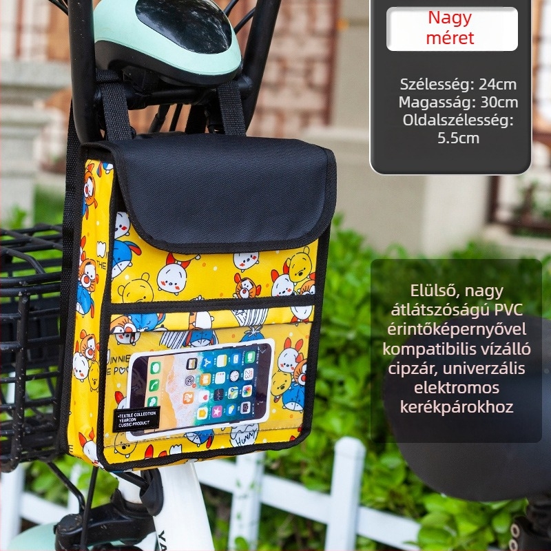 Elülső kerékpár tároló táska vízálló érintőképernyős zsebbel, nagy kapacitás, állítható rögzítés