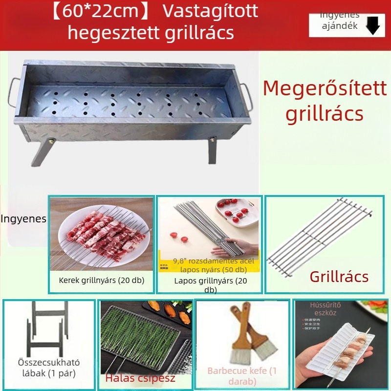 Otthoni faszenes grill, összecsukható nyárs tartó, V-alakú hordozható kültéri grill, készlet különböző méretekben