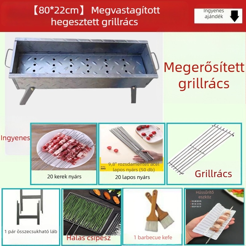 Otthoni faszenes grill, összecsukható nyárs tartó, V-alakú hordozható kültéri grill, készlet különböző méretekben