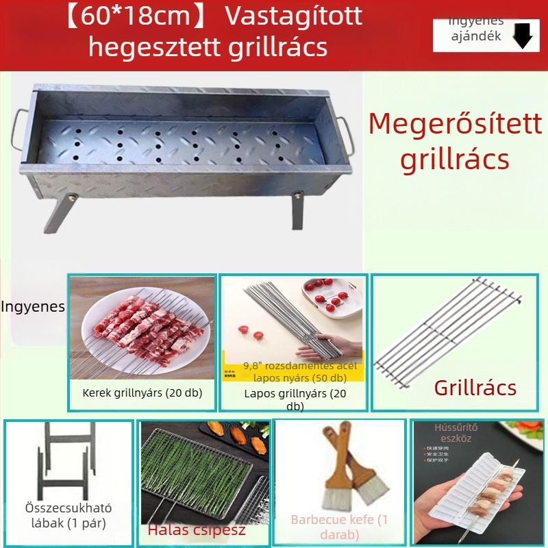 Otthoni faszenes grill, összecsukható nyárs tartó, V-alakú hordozható kültéri grill, készlet különböző méretekben
