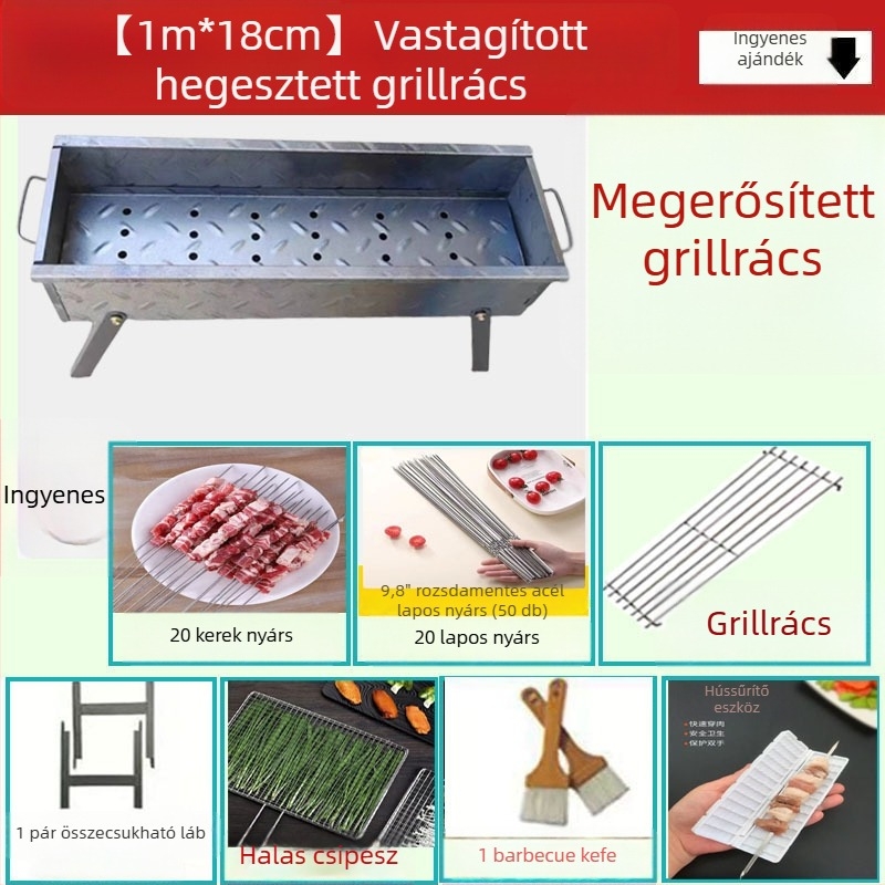Otthoni faszenes grill, összecsukható nyárs tartó, V-alakú hordozható kültéri grill, készlet különböző méretekben