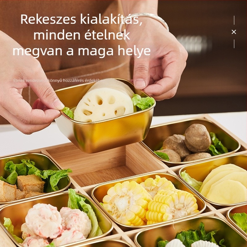 Baosheng kilencrekeszes osztott tál forró pot és barbecue-hoz, négyzetes bambuszfa tálca, 304 rozsdamentes acél, Ø 17–17,9 cm