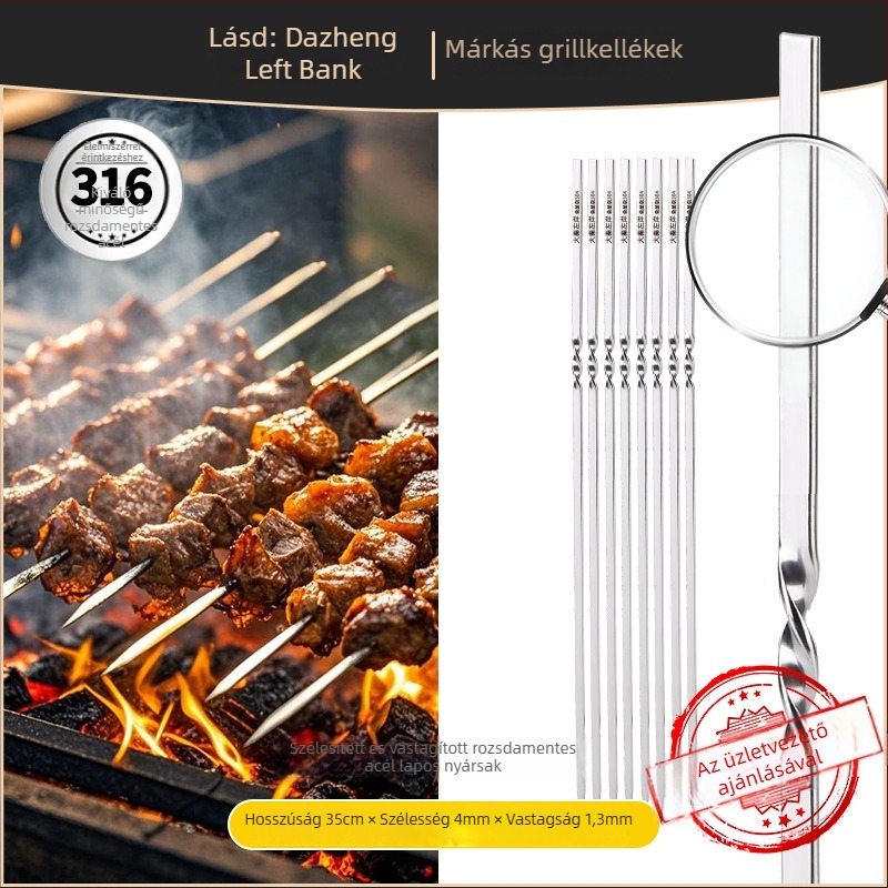 BBQ nyársak, 35 cm, extravastag, lapos kivitel, 304 rozsdamentes acélból, bárány- és csirkeszárnyakhoz