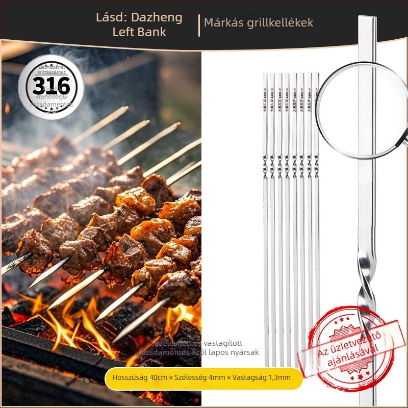 BBQ nyársak, 35 cm, extravastag, lapos kivitel, 304 rozsdamentes acélból, bárány- és csirkeszárnyakhoz